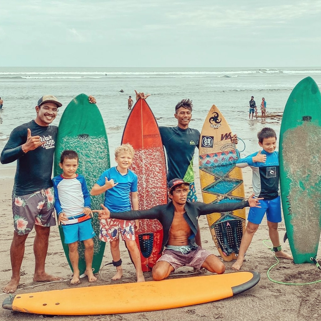 Surfing With Rocky team and kids at Batu Bolong Beach